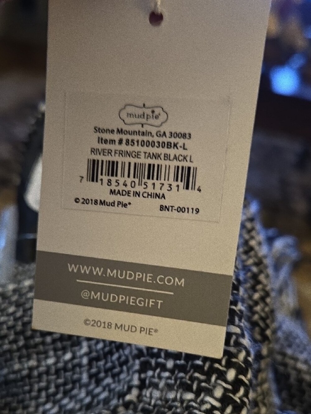 Mud Pie Black & White Tweed 2 Row Fringe Hem Sleeveless Top Fully Lined Sz L NEW - Picture 8 of 8